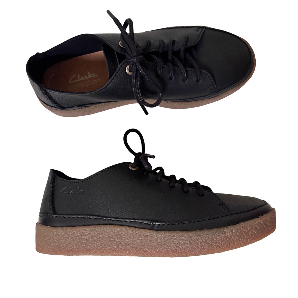 Clarks Oakpark Low Mens 8 Black Pebbled Leather Lace Up Sneakers Gum Sole